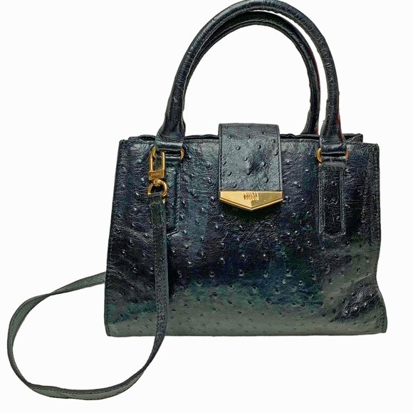 Prune Bags Prne Argentine Black Ostrich Embossed Leather Detachable